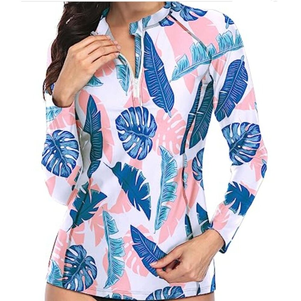 Tropical Floral Rash Guard Long Sleeve Swim Shirt Top UPF 50+ Size S - Picture 2 of 16